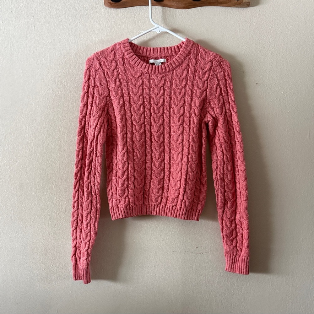 American Eagle Coral Pink Cable Knit Long Sleeve Crewneck Sweater Size XS